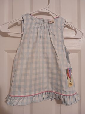 Copper Key Light Blue & White Gingham Ruffle Tank Top with Pink Trim Size 6